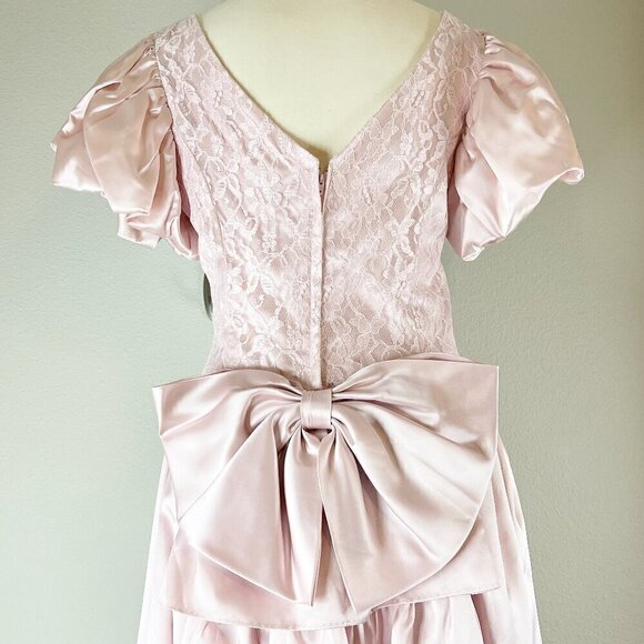 Vintage J.C. Penny Pink Lace & Satin Prom Formal Maxi Dress Puff Sleeves Size 11 - Picture 8 of 10